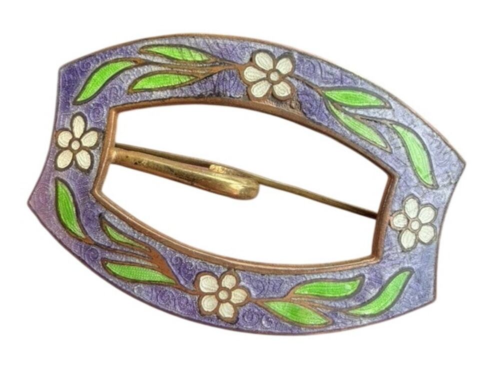 Antique Cloisonné Enameled Art Deco Floral Sash Pin Brooch CClip Costume Jewelry